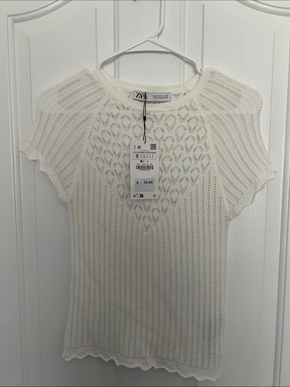 ZARA Cream Openwork Knit Top with Flutter Sleeves